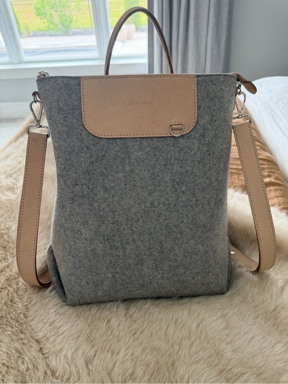 Bedford Merino Graf Lantz Gray Wool & Tan Leather Backpack Tote Large
